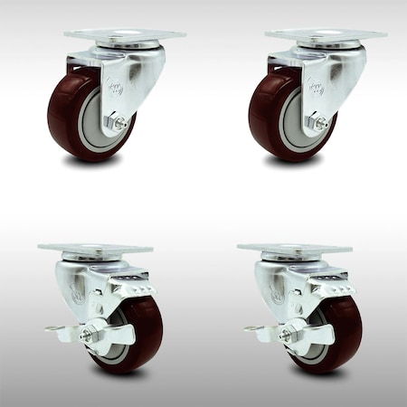 Service Caster 3.5 Inch SS Maroon Polyurethane Swivel Top Plate Caster Set with 2 Brakes SCC SCC-SS20S3514-PPUB-MRN-2-TLB-2